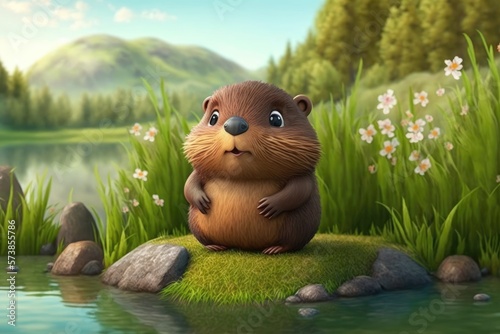 a cute adorable beaver character  stands in nature in the style of children-friendly cartoon animation fantasy generative ai 3D style Illustration 	 photo