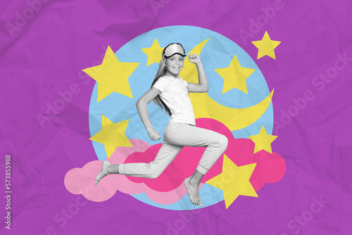 Creative collage image of black white colors excited cheerful girl running jumping dream painted night sky stars moon clouds