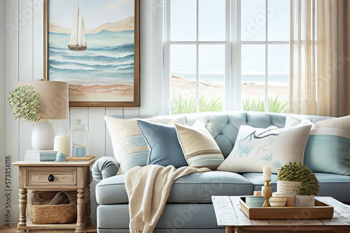 Interior design of a coastal- inspired living room with  cozy sofa, pillows, sleek coffee table and big windows | Modern and luxurious living room in Beach color theme | Generative Ai