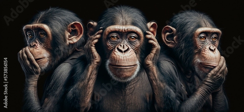 Billede på lærred Illustration of 3 intelligent looking chimpanzee monkeys AI generated content