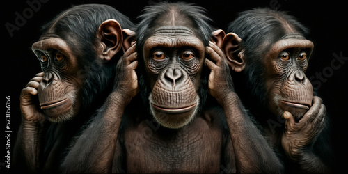 Foto Illustration of 3 intelligent looking chimpanzee monkeys AI generated content