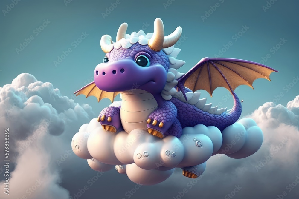 a cute adorable baby dragon character  in clouds in the style of children-friendly cartoon animation fantasy generative ai 3D style Illustration 	 - obrazy, fototapety, plakaty 