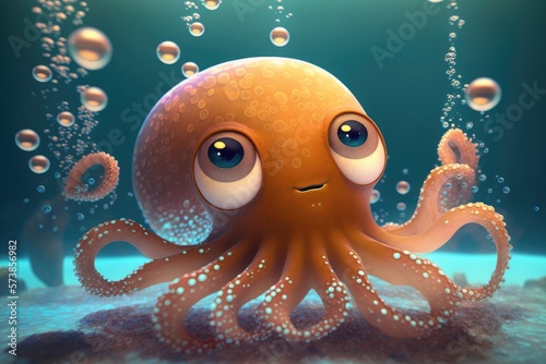 a cute adorable octopus character  underwater  in the style of children-friendly cartoon animation fantasy generative ai 3D style Illustration   © Ecleposs