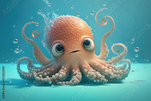 a cute adorable octopus character  underwater  in the style of children-friendly cartoon animation fantasy generative ai 3D style Illustration  