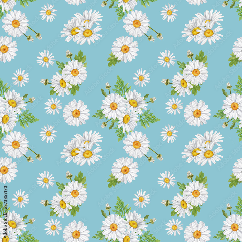 Watercolor floral pattern with daisies, wildflowers, summer print