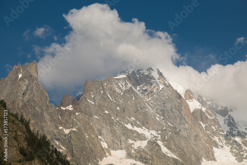 View of the peak of Monte Bianco from Courmayeur alpine town in Aosta Valley during summer season, Italy