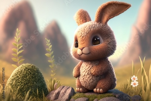 a cute adorable rabbit punny character  stands in nature in the style of children-friendly cartoon animation fantasy generative ai 3D style Illustration 	 photo
