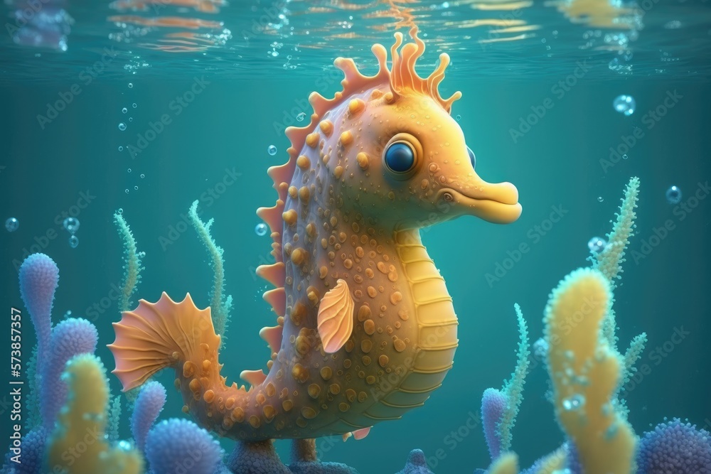 a cute adorable seahorse character  underwater  in the style of children-friendly cartoon animation fantasy generative ai 3D style Illustration 	