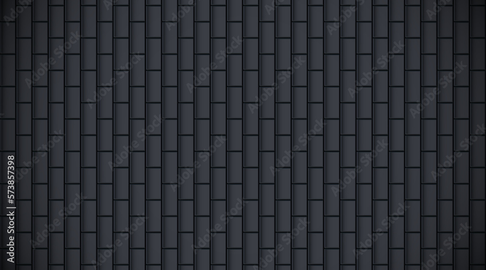 Black glossy brick wall with vertical ceramic rectangle tiles pattern horizontal background. Home interior, bathroom and kitchen wall repeat texture. Vector elegant dark shiny brickwall background Black glossy brick wall with vertical ceramic rectangle tiles pattern horizontal background. Home interior, bathroom and kitchen wall repeat texture. Vector elegant dark shiny brickwall background