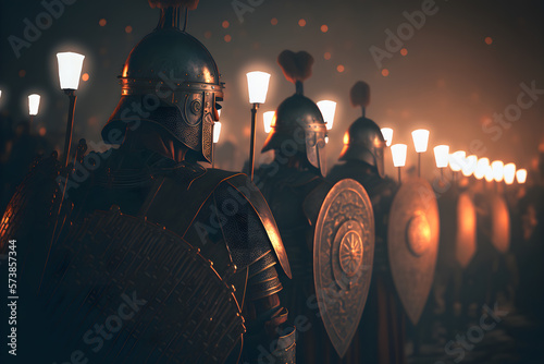 A Roman legion was a large military unit of the Roman army preparing for battle at night. Neural network AI generated art photo