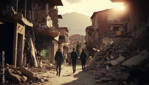 People among the ruins after the earthquake Turkey, Syria Generative Ai photo