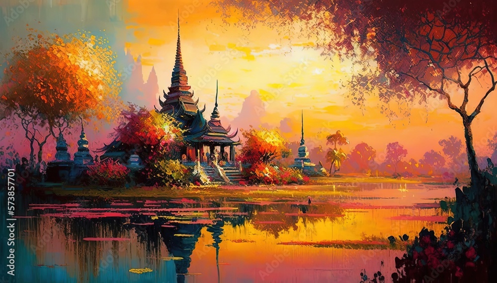 Naklejka premium paint like illustration of Ancient Thai style temple with nature background, Generative Ai