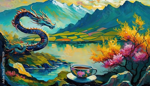 paint like illustration of Ancient Chinese rural countryside with dragon and nature background  Generative Ai