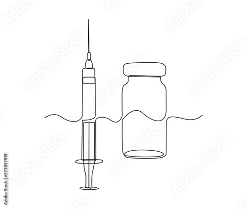 Continuous one line drawing of Syringe and vial. Simple illustration of Vaccine and Injection Syringe line art vector illustration.