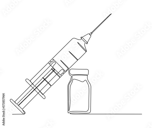 Continuous one line drawing of medical syringe and vial. Simple illustration of Vaccine and Injection Syringe line art vector illustration.