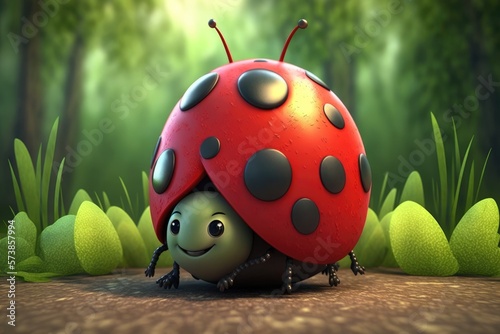 a cute adorable ladybug character stands in nature in the style of children-friendly cartoon animation fantasy generative ai 3D style Illustration 