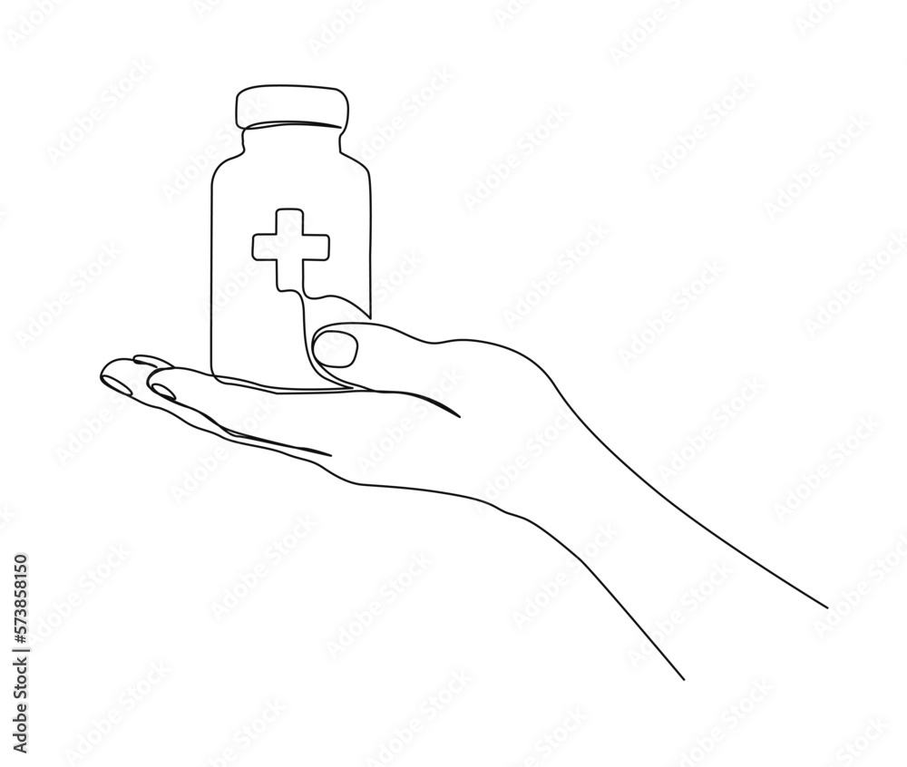 Continuous one line drawing of Hand holding medicine bottle. simple