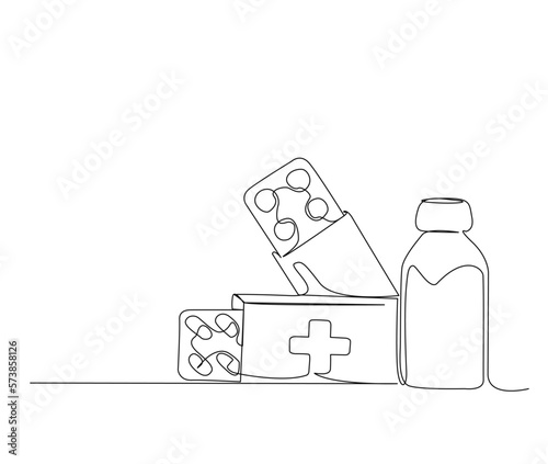 Continuous one line drawing of hand medicine, vitamin, capsule, tablet and pill. simple medical drugs pharmacy care line art vector illustration.