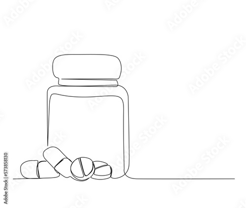 Continuous one line drawing of medicine, vitamin, capsule, tablet and pill. simple medical drugs pharmacy care line art vector illustration.