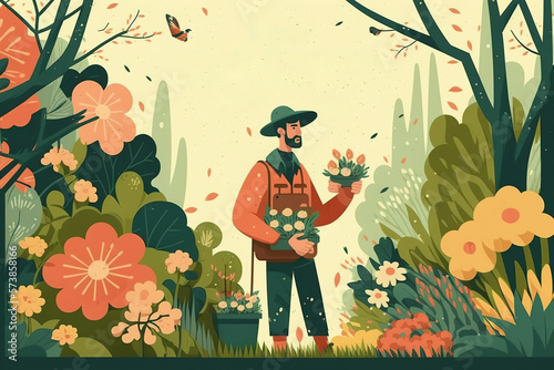 Illustration of a man working in the garden doing spring cleaning. Planting flowers and herbs. Generative ai