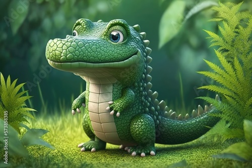 a cute adorable crocodile character  stands in nature in the style of children-friendly cartoon animation fantasy generative ai 3D style Illustration  