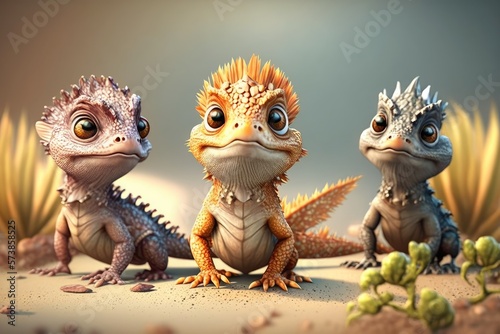 a cute adorable lizards group stands in nature in the style of children-friendly Fototapet