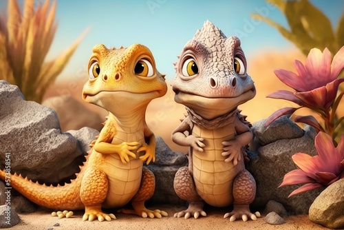 a cute adorable lizards group stands in nature in the style of children-friendly cartoon animation fantasy generative ai 3D style Illustration   © Ecleposs