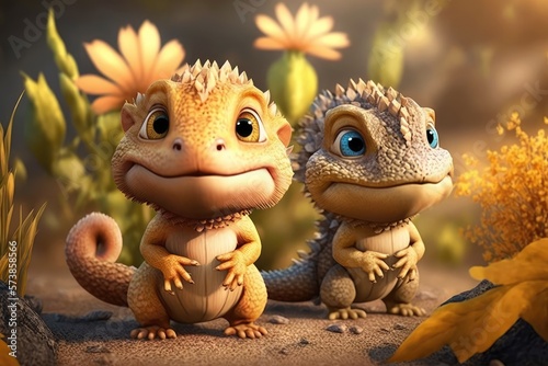 a cute adorable lizards group stands in nature in the style of children-friendly cartoon animation fantasy generative ai 3D style Illustration  