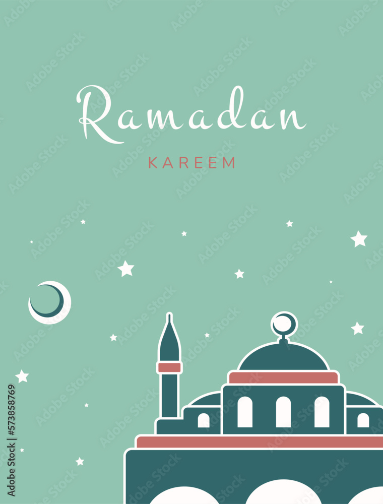 Ramadan Kareem. Islamic greeting card with muslim mosque. Vector holiday illustration in green colors for greeting card, poster and banner.
