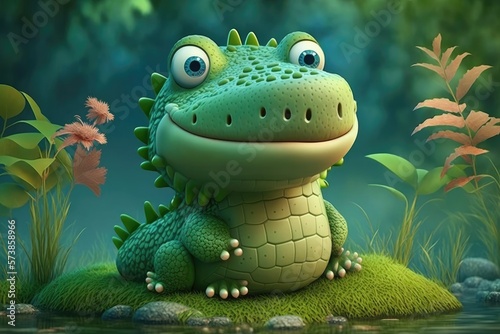 a cute adorable crocodile character  stands in nature in the style of children-friendly cartoon animation fantasy generative ai 3D style Illustration   © Ecleposs