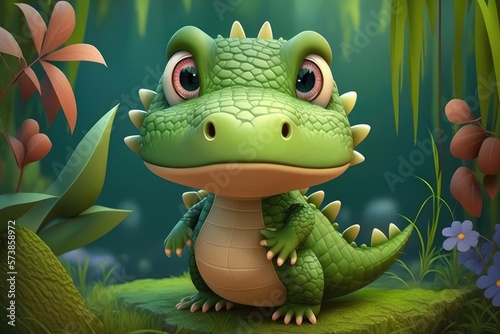 a cute adorable crocodile character stands in nature in the style of children-friendly cartoon animation fantasy generative ai 3D style Illustration © Ecleposs