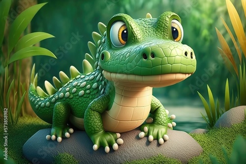 a cute adorable crocodile character  stands in nature in the style of children-friendly cartoon animation fantasy generative ai 3D style Illustration  