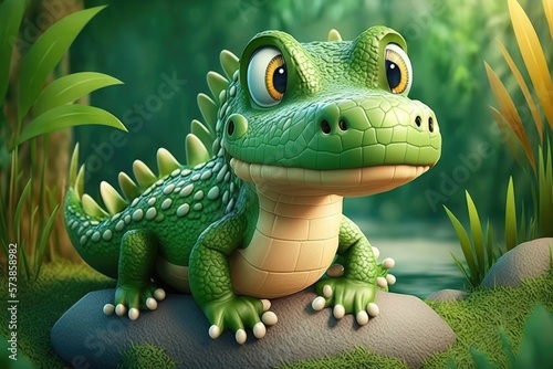 a cute adorable crocodile character  stands in nature in the style of children-friendly cartoon animation fantasy generative ai 3D style Illustration 	