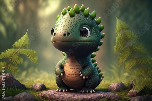 a cute adorable dragon character  stands in nature in the style of children-friendly cartoon animation fantasy generative ai 3D style Illustration   © Ecleposs