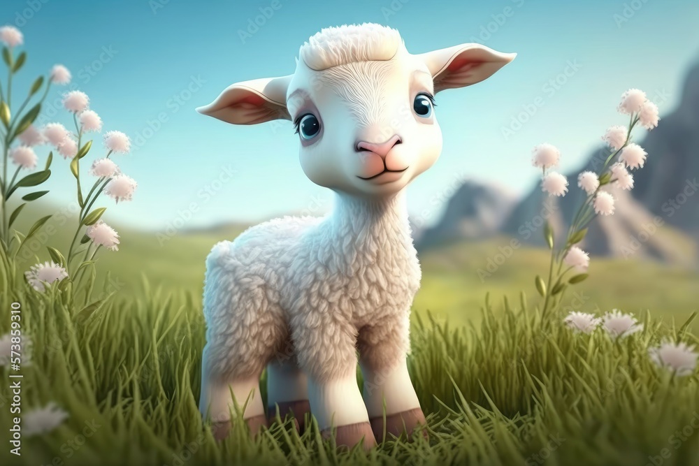 Obraz premium a cute adorable lamb character stands in nature in the style of children-friendly cartoon animation fantasy generative ai 3D style Illustration 