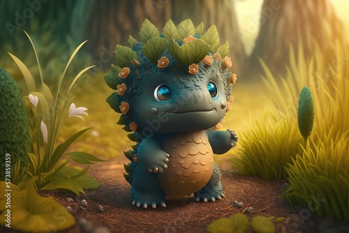 a cute adorable monster character stands in nature in the style of children-friendly cartoon animation fantasy generative ai 3D style Illustration © Ecleposs