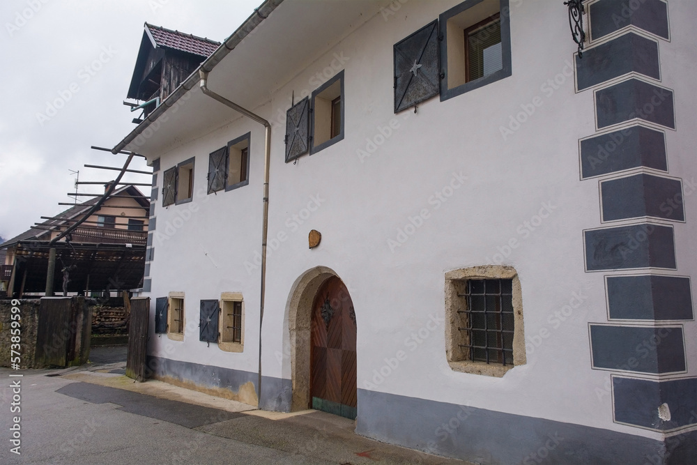The historic Firbars House on Kopaliska Ulica street in Skofja Loka in Gorenjska, Slovenia. Called Firbarjeva Hisa in Slovenian, it is named after the building's original activity - dyeing
