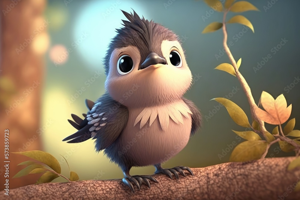 a cute adorable sparrow character  stands in nature in the style of children-friendly cartoon animation fantasy generative ai 3D style Illustration 	