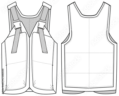 Life Jacket, Safety Jacket, Gilet Jacket, Utility Vest Front and Back View. Men's, women, Unisex Fashion Illustration, Vector, CAD, Technical Drawing, Flat Drawing, Template, Mockup.