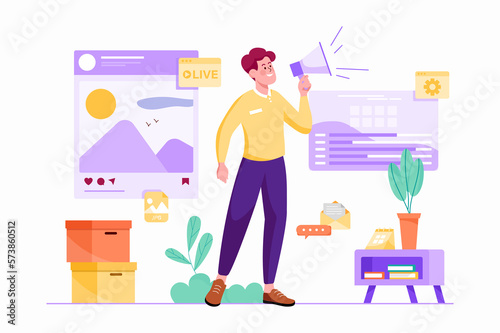 Content manager purple concept with people scene in the flat cartoon design. Man works on the content and addition of the company's websites.