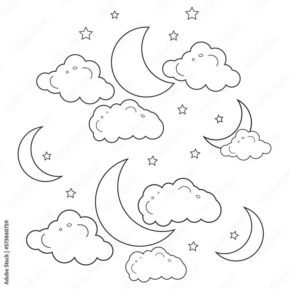 Moon,star and clouds line art drawing outline style,kids drawing for nursery, Coloring Page