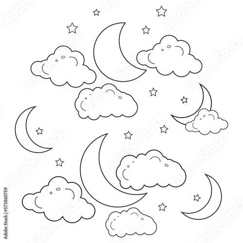 Moon,star and clouds line art drawing outline style,kids drawing for nursery, Coloring Page Vector illustration