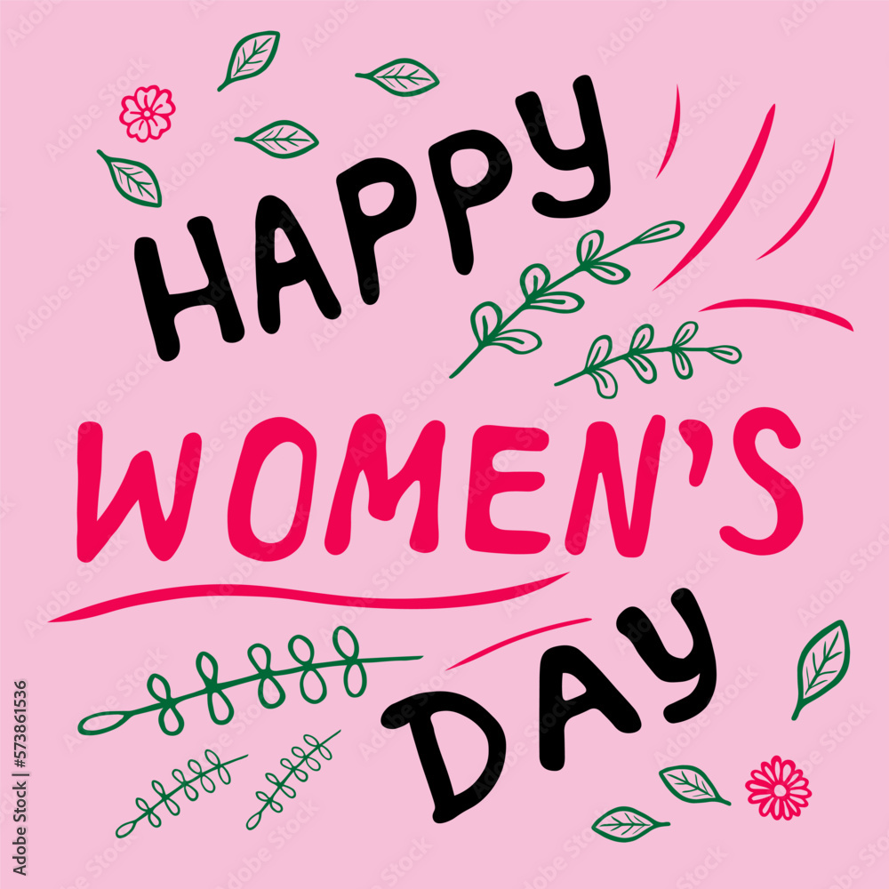 Vector illustration. Happy Womens Day lettering on pink background. Greeting card with decorative elements