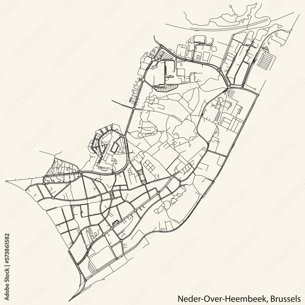 Detailed hand-drawn navigational urban street roads map of the NEDER-OVER-HEEMBEEK of the Belgian city of BRUSSELS, Belgium with vivid road lines and name tag on solid background