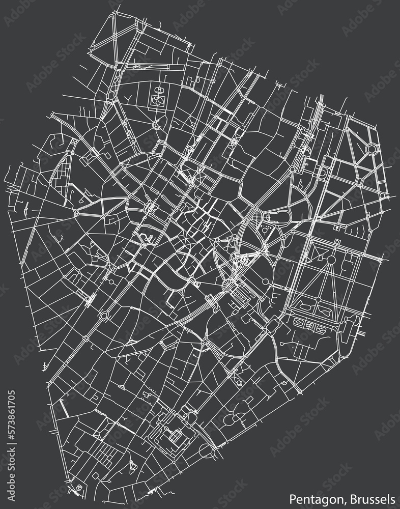 Detailed hand-drawn navigational urban street roads map of the PENTAGON of the Belgian city of BRUSSELS, Belgium with vivid road lines and name tag on solid background