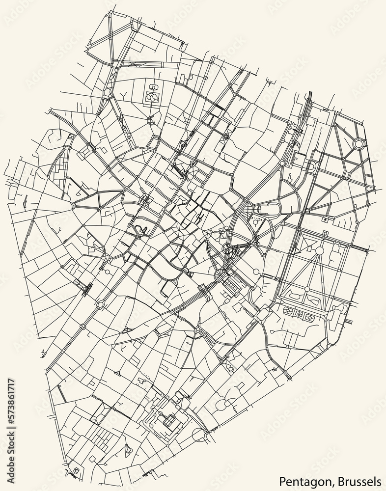 Obraz premium Detailed hand-drawn navigational urban street roads map of the PENTAGON of the Belgian city of BRUSSELS, Belgium with vivid road lines and name tag on solid background