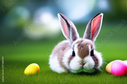 Cute easter bunny with easter eggs on green grass, generative ai