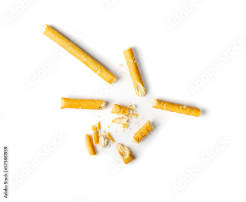 Crumbled Bread Stick Isolated, Broken Breadstick, Grissini, Pretzel Crumbs, Bread Stick on White Background