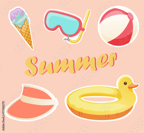 Beach stuff for summer travel set. Sea holidays accessories. Rubber ring, glasses, ball, visor hat, ice cream.