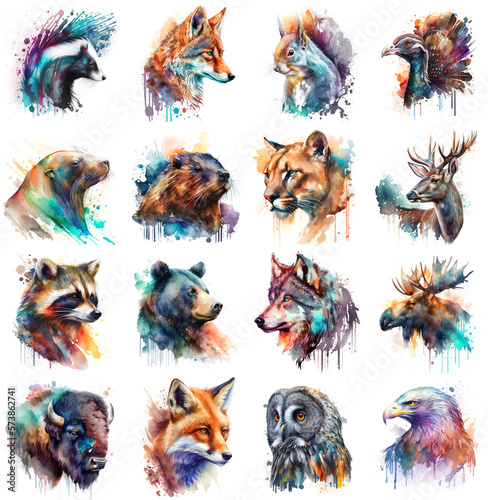 North America animals set painted with watercolors on a white background in realistic manner, multicolored and iridescent. Created by AI